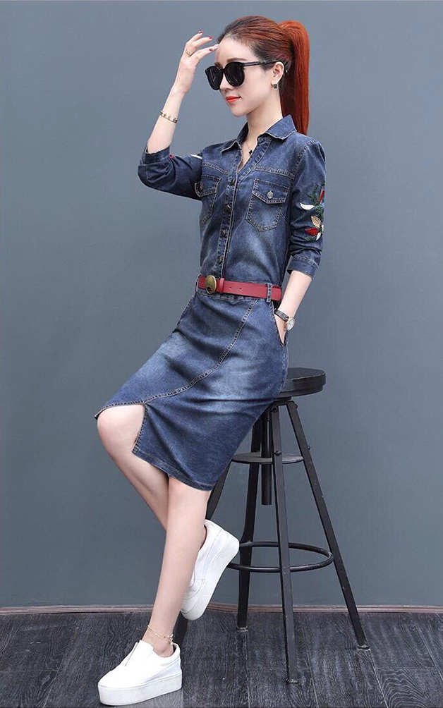 ĐẦM JEAN CỔ SƠ MI TAY DÀI THÊU HOA 